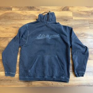 Life is Good Hoodie Faded Wash Embroidered Script Logo Cozy Pullover Sz Medium